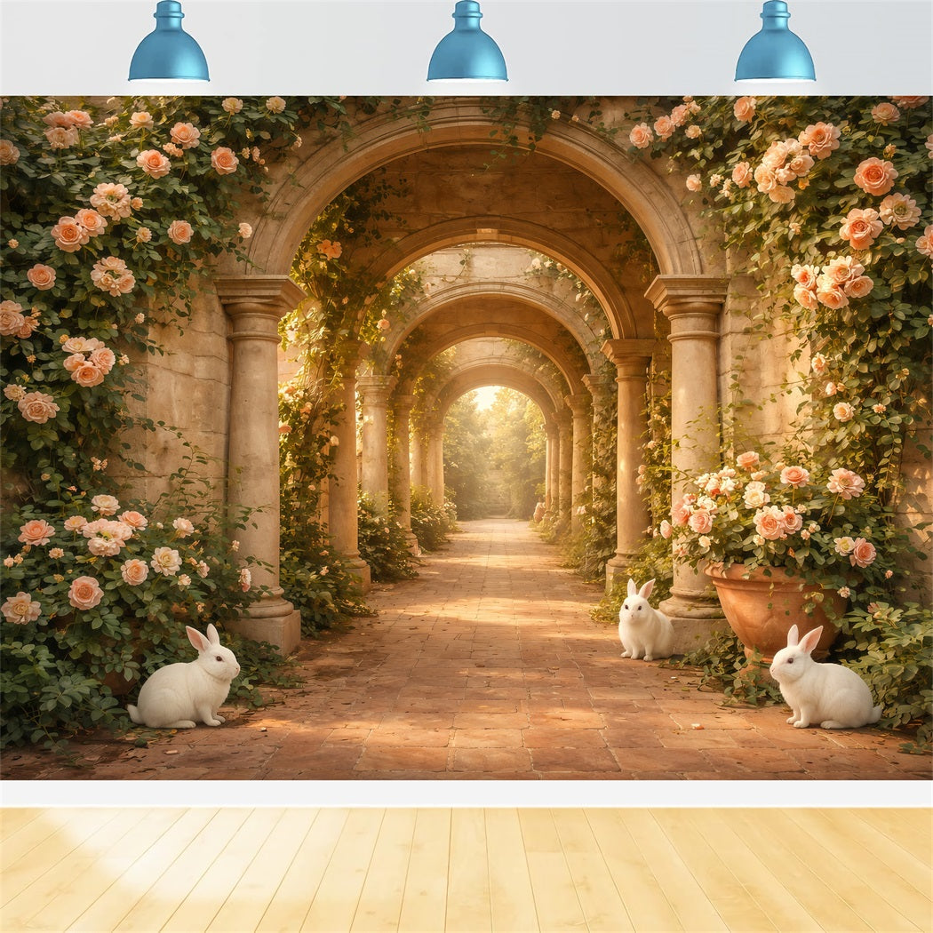 Easter Rabbit Backdrop Rose Arch Bunny Stone Path Backdrops For Easter UK LXX61-117