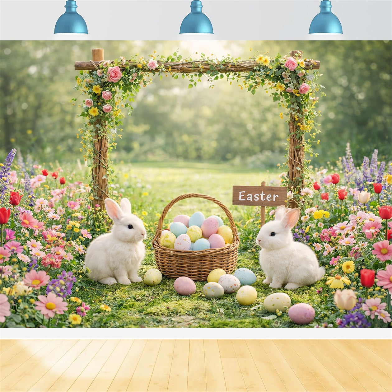 Easter Rabbit Backdrop Garden Floral Arch Bunny Eggs Backdrops For Easter UK LXX61-118