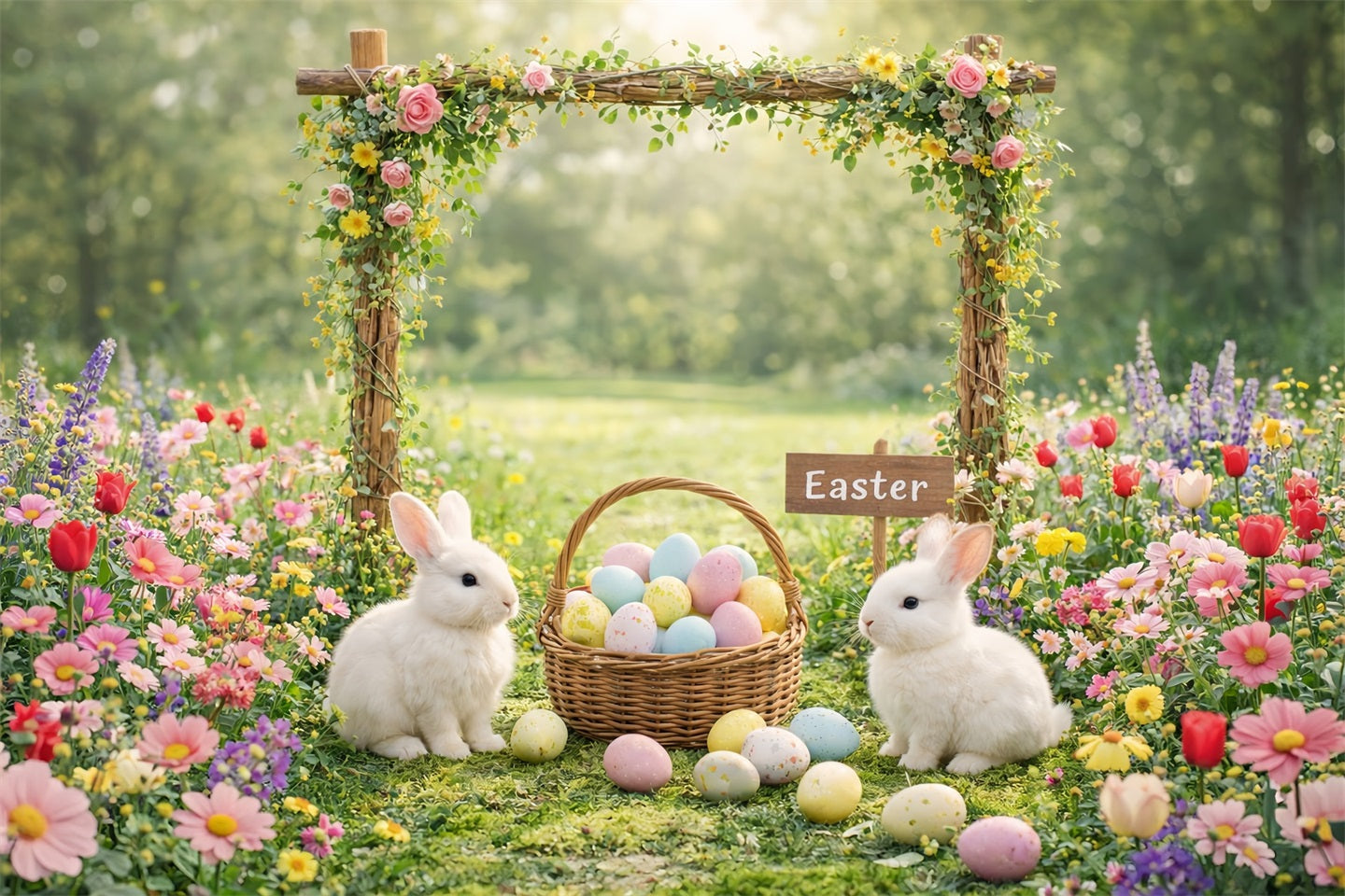 Easter Rabbit Backdrop Garden Floral Arch Bunny Eggs Backdrops For Easter UK LXX61-118
