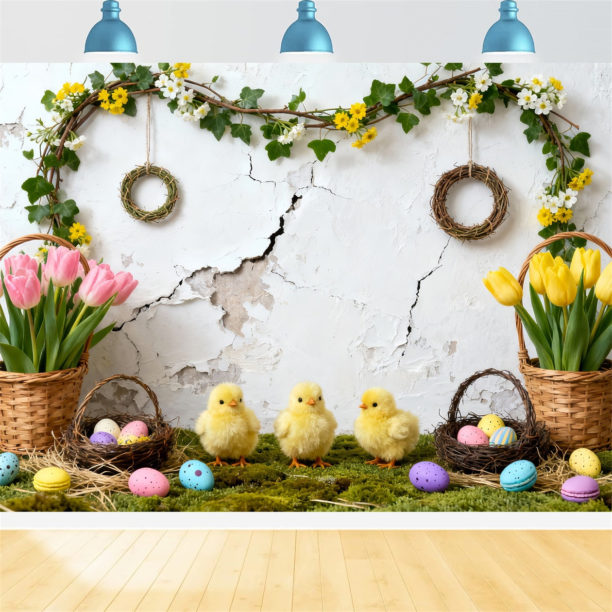 Easter Baby Chick Backdrop Tulip Eggs Baskets Wreath Easter Picture Backdrop UK LXX61-119