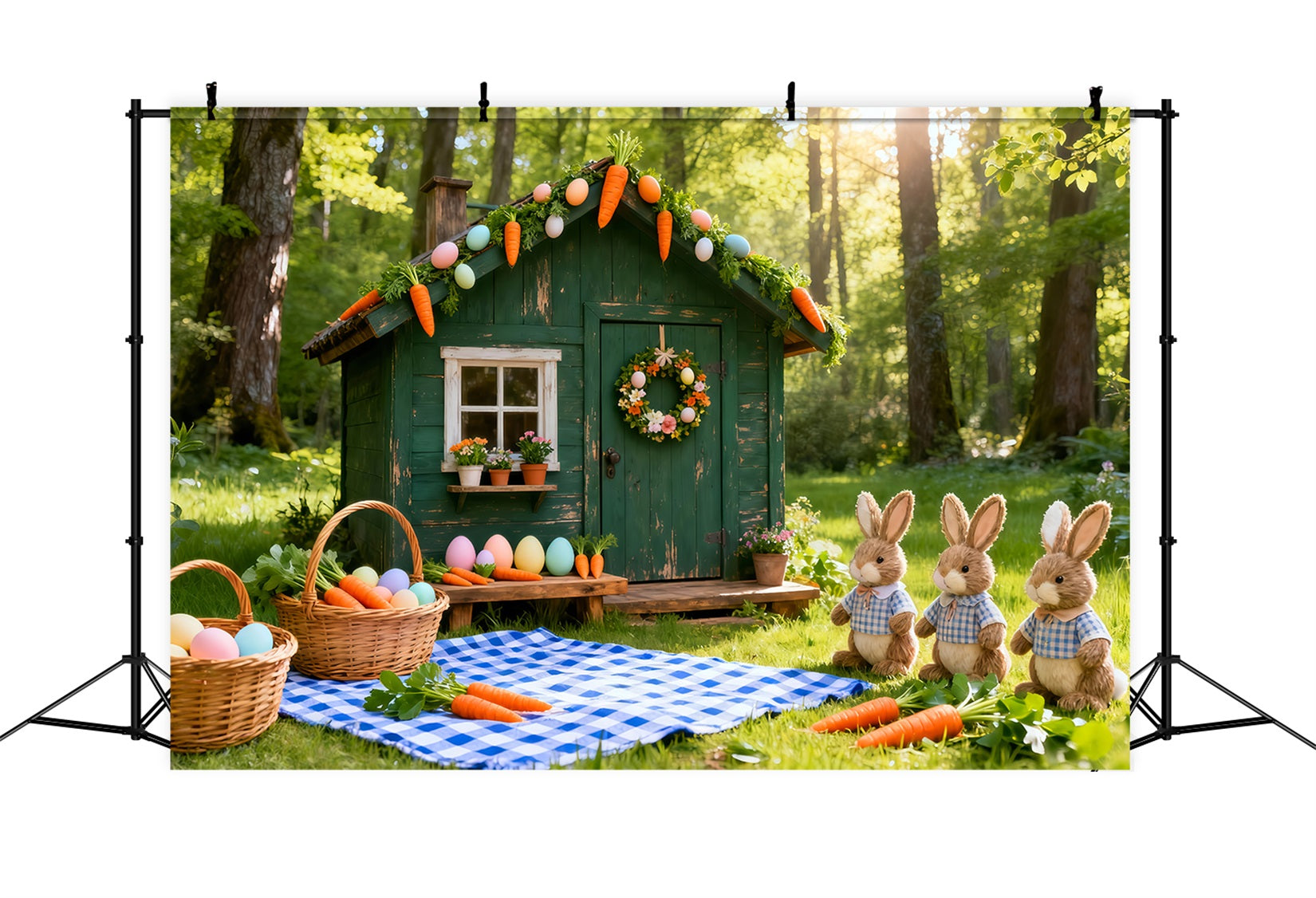 Easter Carrot Backdrop Green Hut Bunnies Carrots Picnic Easter Photography Backdrop UK LXX61-122
