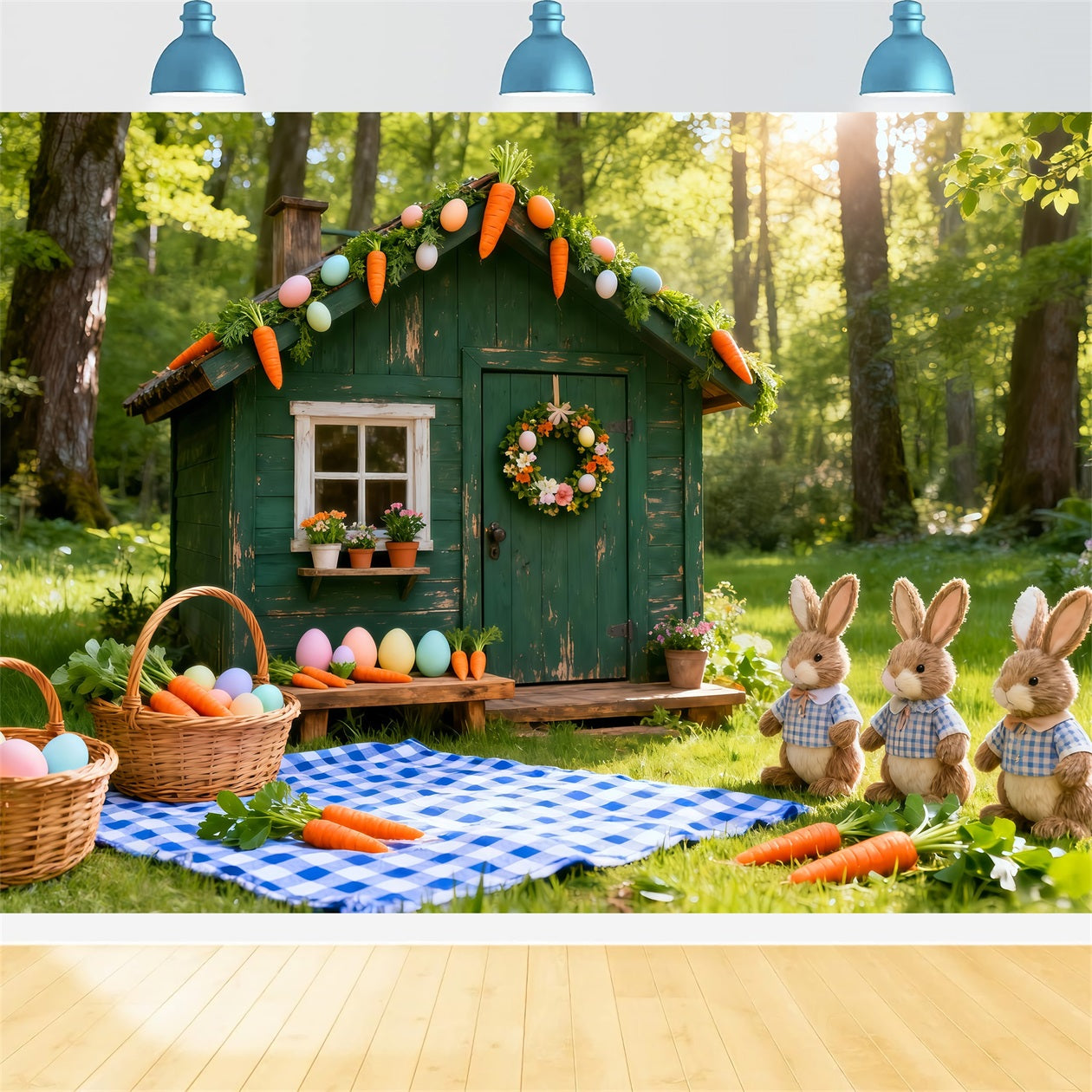 Easter Carrot Backdrop Green Hut Bunnies Carrots Picnic Easter Photography Backdrop UK LXX61-122