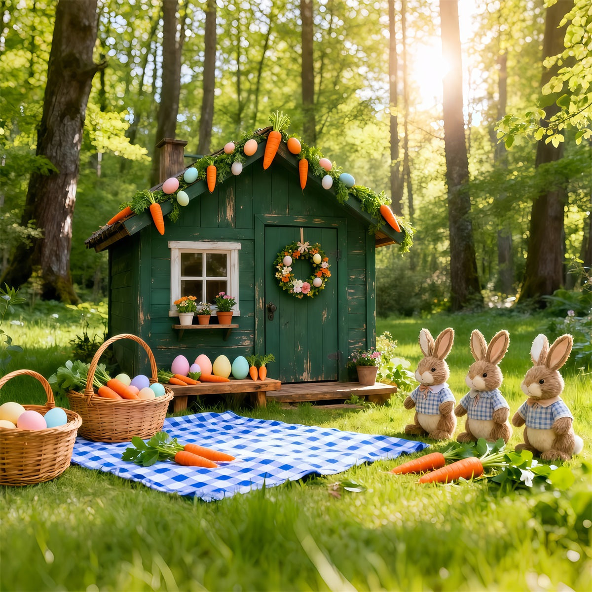 Easter Carrot Backdrop Green Hut Bunnies Carrots Picnic Easter Photography Backdrop UK LXX61-122