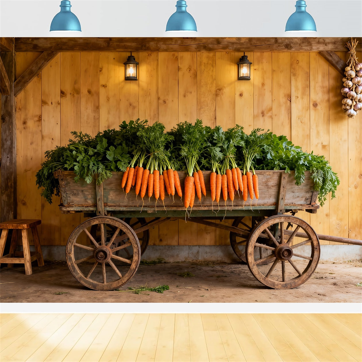 Easter Carrot Backdrop Wooden Cart Farmhouse Wall Easter Photography Backdrop UK LXX61-123