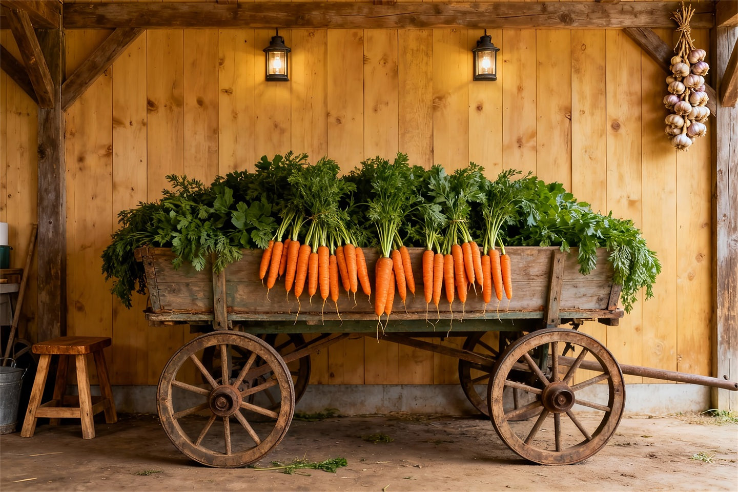 Easter Carrot Backdrop Wooden Cart Farmhouse Wall Easter Photography Backdrop UK LXX61-123
