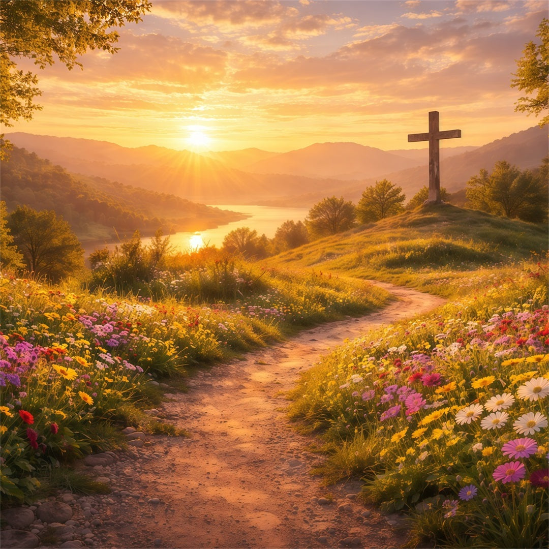 Religious Easter Backdrops He Is Risen Sunset Cross Easter Backdrop UK LXX61-124