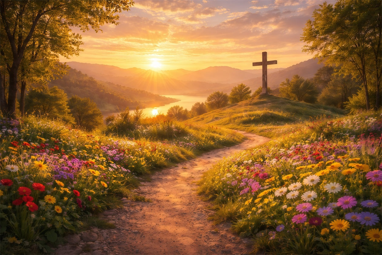 Religious Easter Backdrops He Is Risen Sunset Cross Easter Backdrop UK LXX61-124