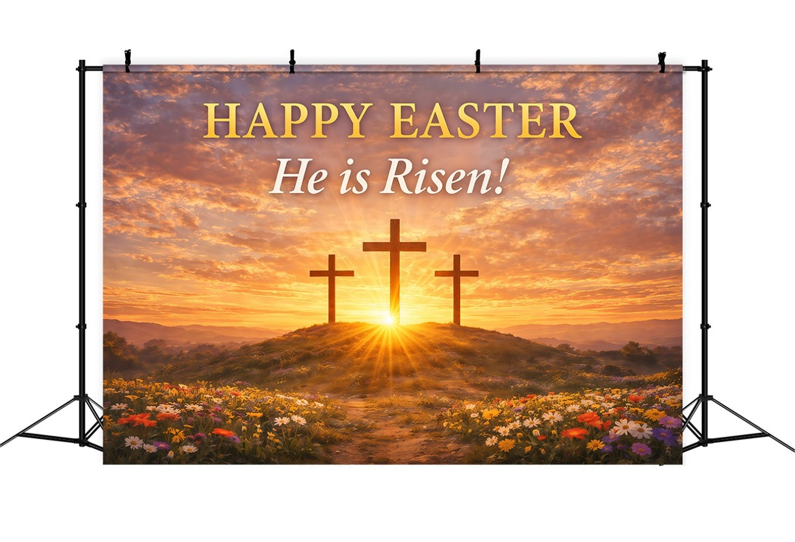 He Is Risen Backdrop Cross Sunrise Flowers Field Easter Backdrops UK LXX61-126