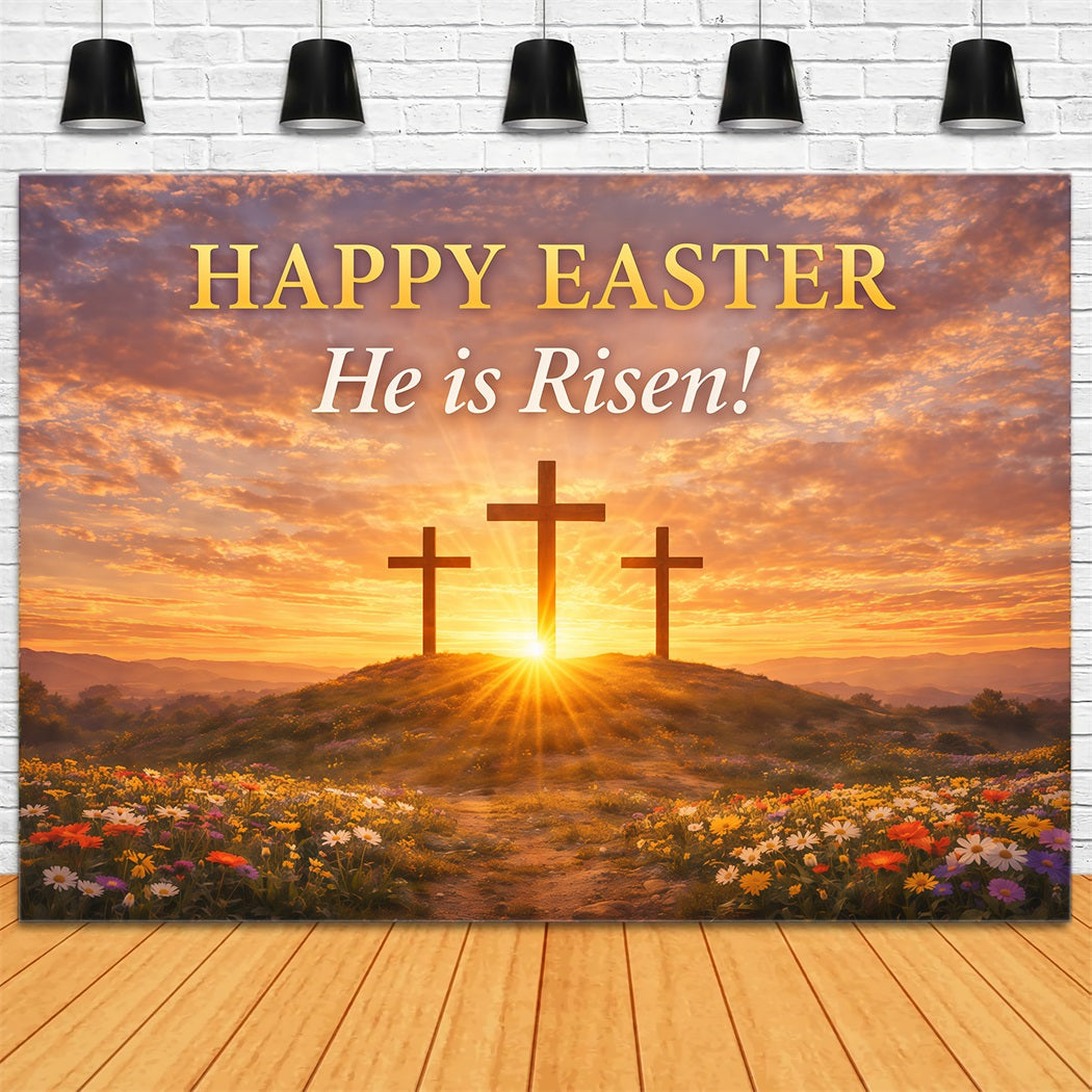 He Is Risen Backdrop Cross Sunrise Flowers Field Easter Backdrops UK LXX61-126
