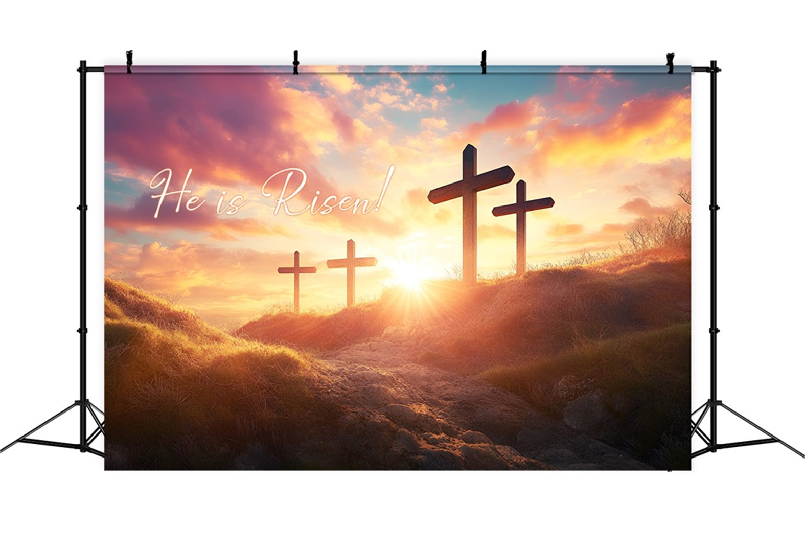 He Is Risen Backdrop Easter Cross Sunset Glow Easter Backdrop Ideas UK LXX61-127