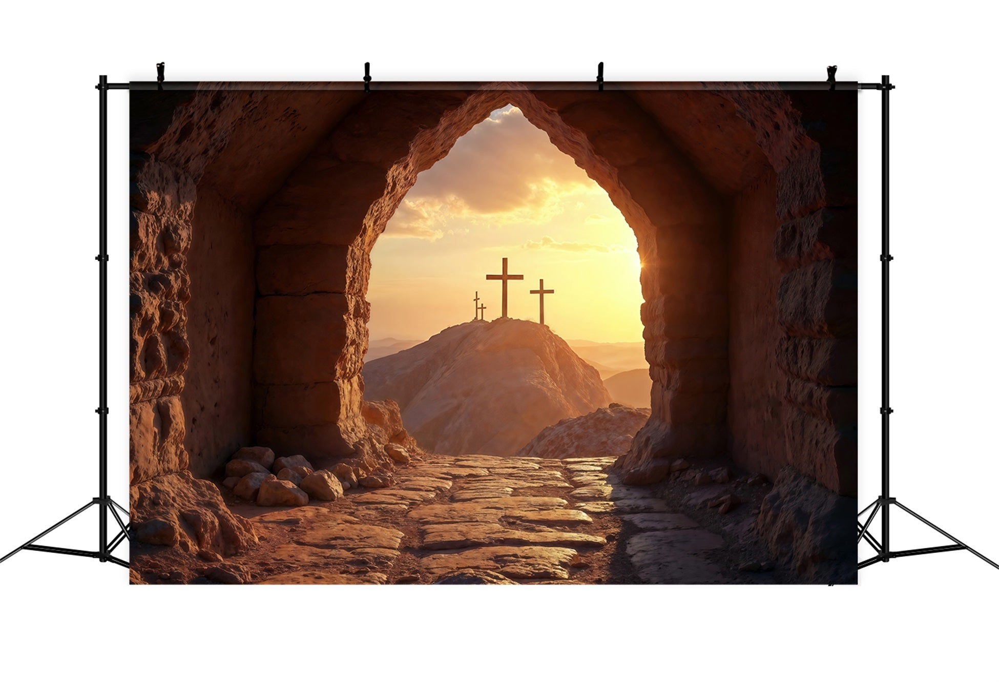 Religious Easter Backdrop Sunset Cross He Is Risen Easter Backdrop For Pictures UK LXX61-134