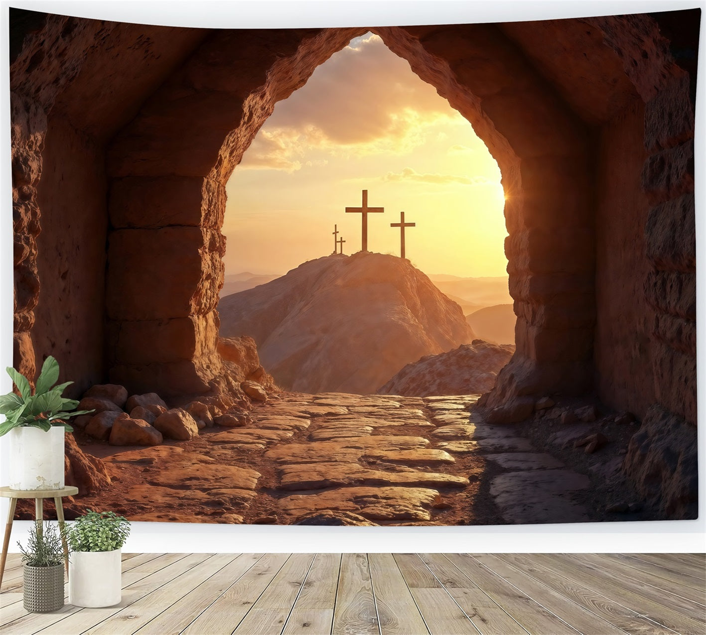 Religious Easter Backdrop Sunset Cross He Is Risen Easter Backdrop For Pictures UK LXX61-134