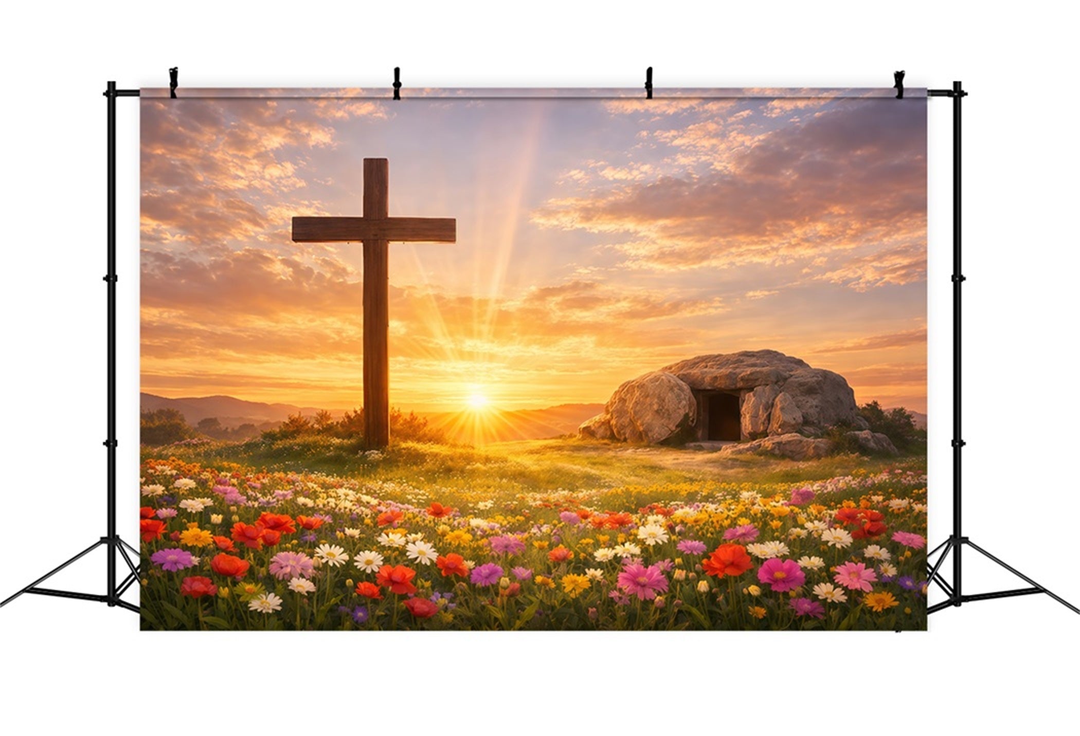 He Is Risen Backdrop Cross Tomb Flower Field Easter Photography Backdrops UK LXX61-141