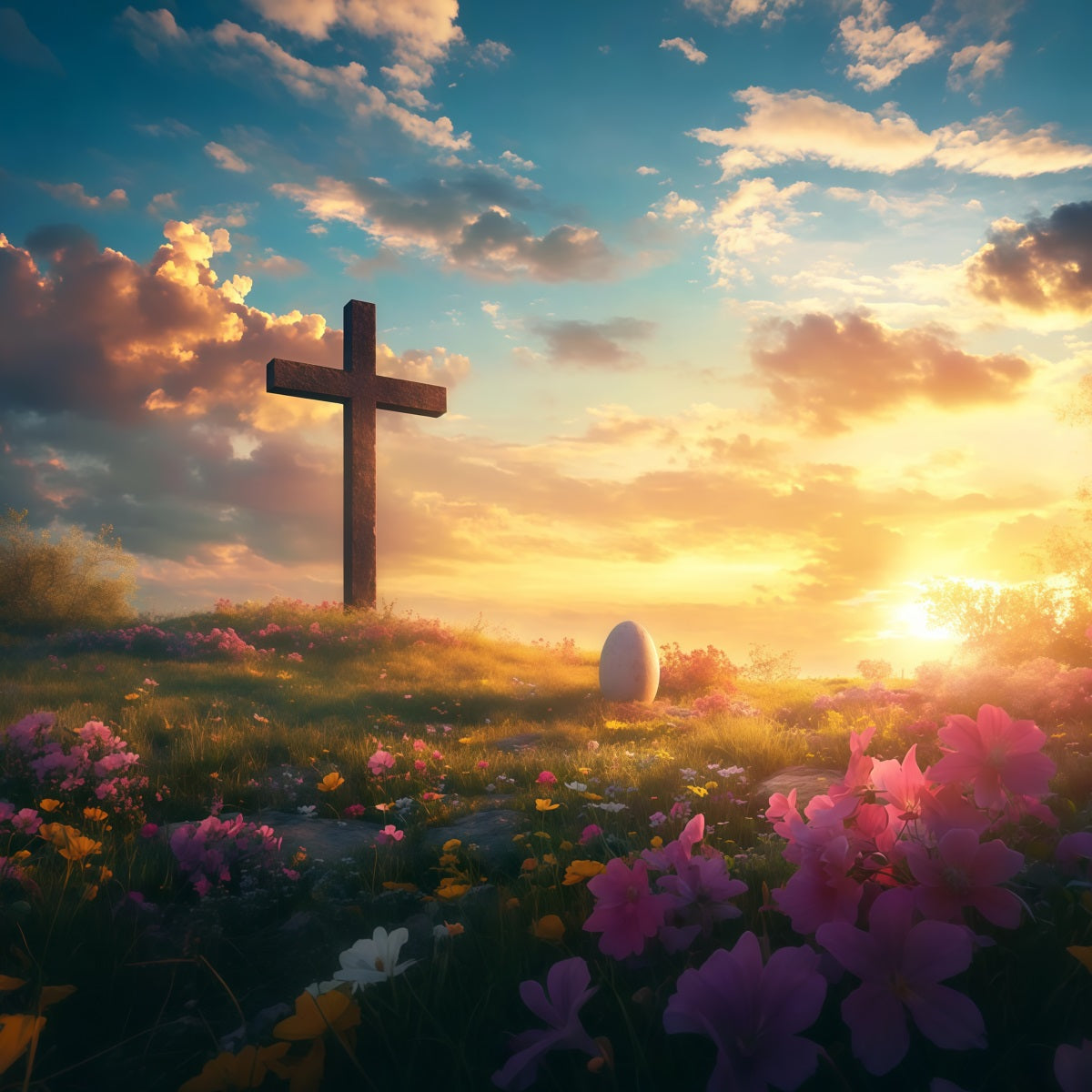 Christian Easter Backdrop He Is Risen Cross Meadow Easter Backdrop For Photography UK LXX61-142
