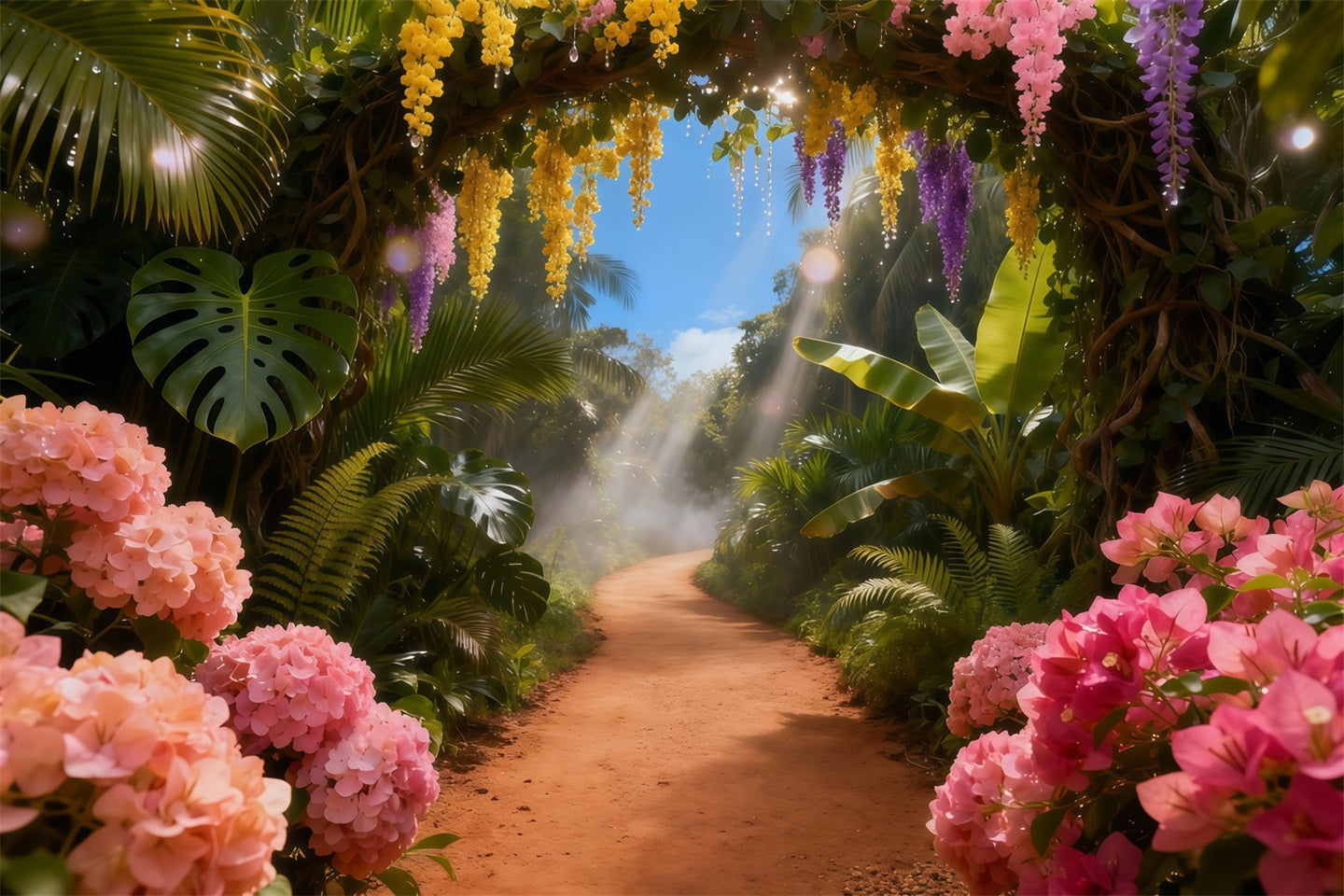 Garden Backdrop Sunlit Tropical Floral Path Spring Photo Backdrop UK LXX61-152