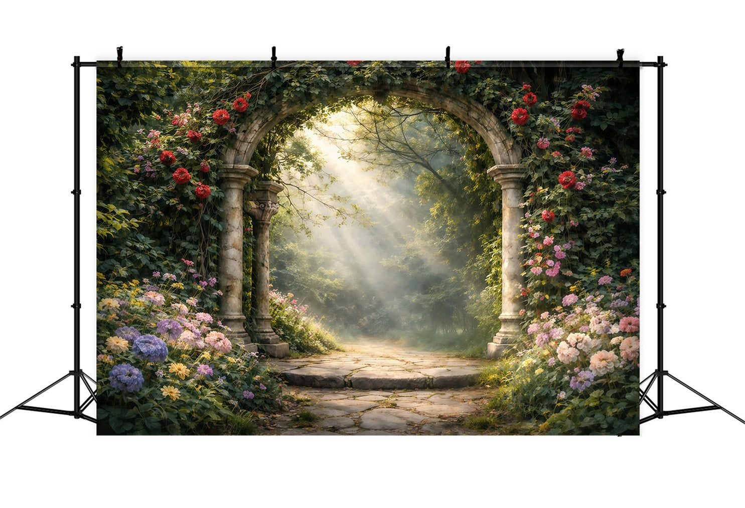 Enchanted Garden Backdrop Romantic Stone Arch Wildflowers Spring Backdrops UK LXX61-154