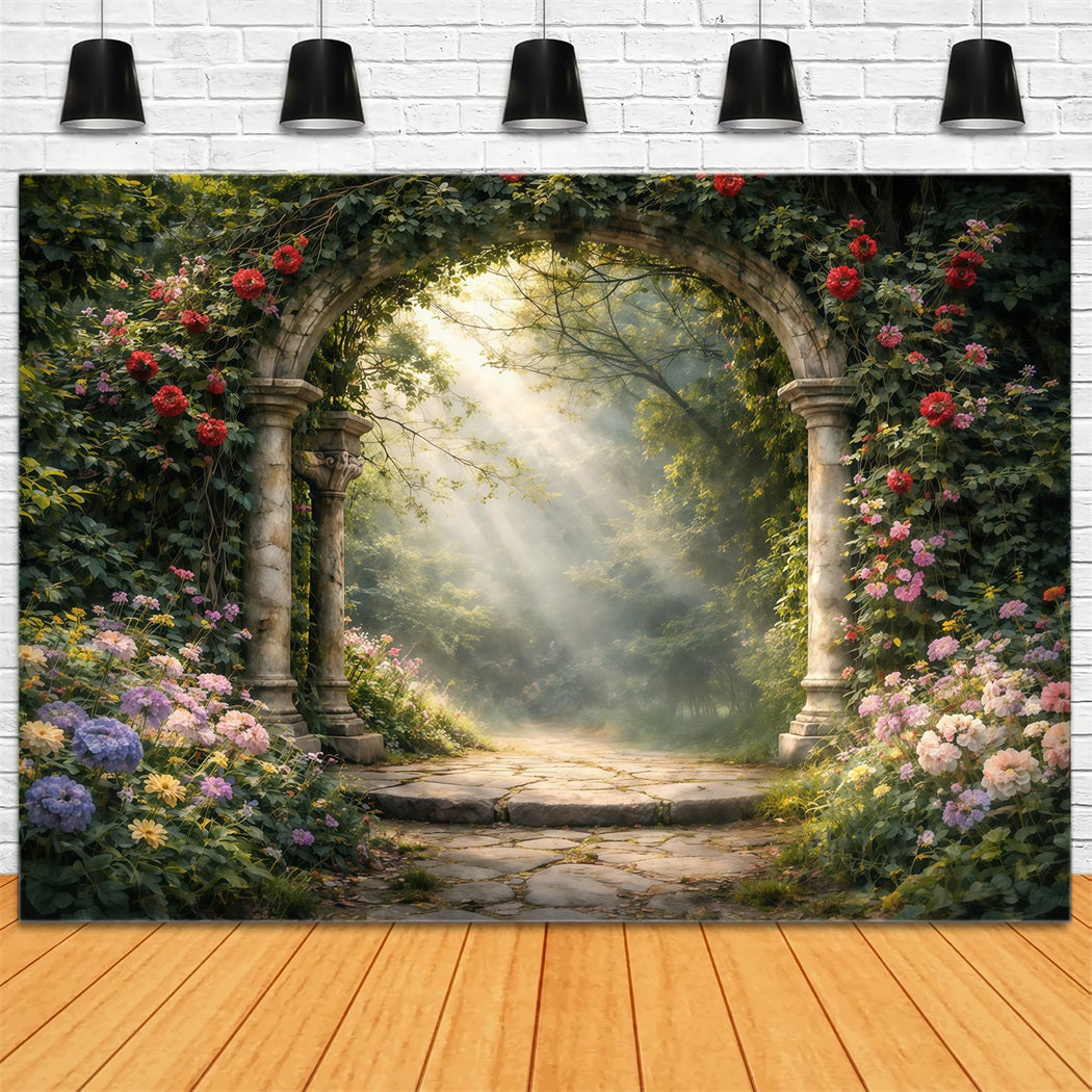 Enchanted Garden Backdrop Romantic Stone Arch Wildflowers Spring Backdrops UK LXX61-154