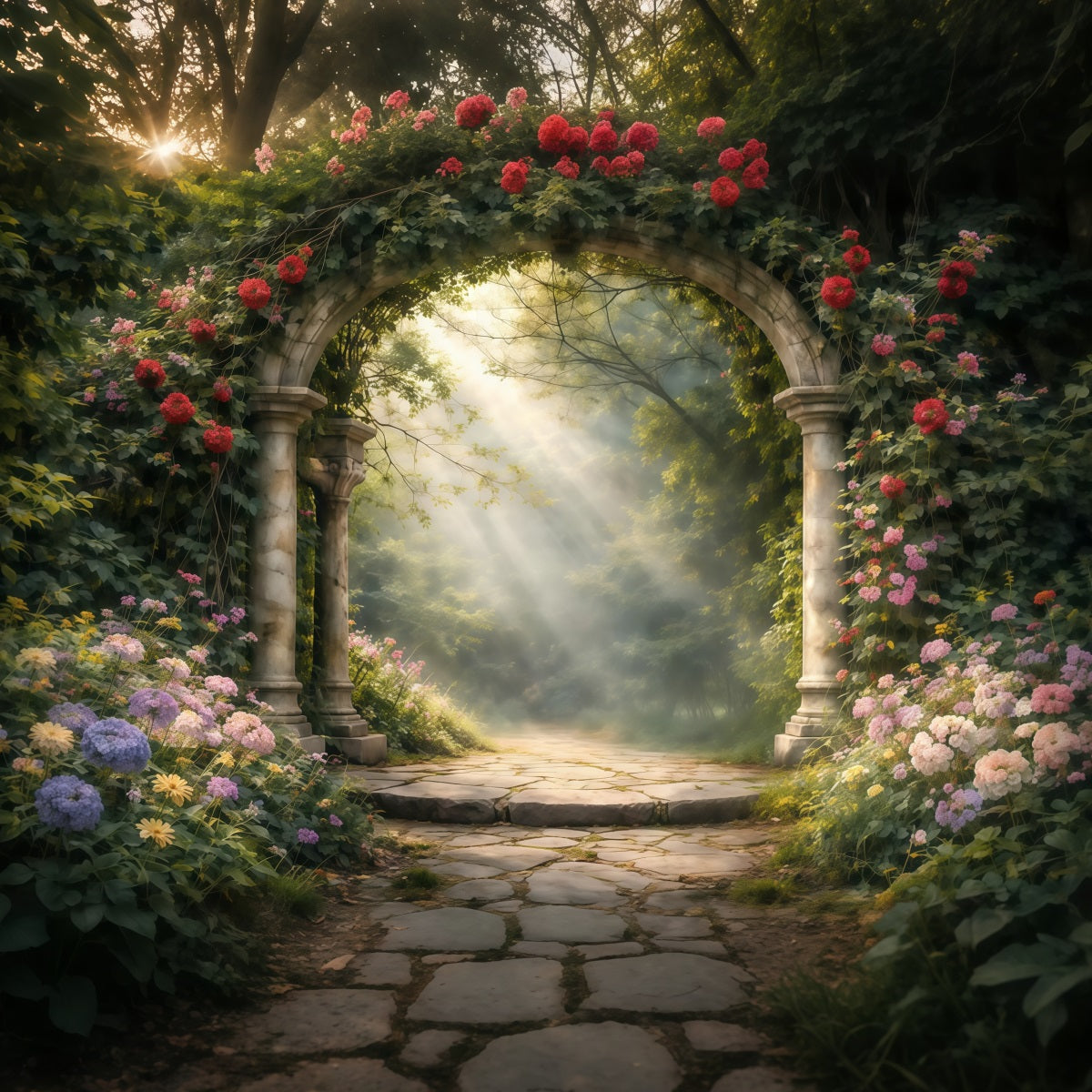 Enchanted Garden Backdrop Romantic Stone Arch Wildflowers Spring Backdrops UK LXX61-154