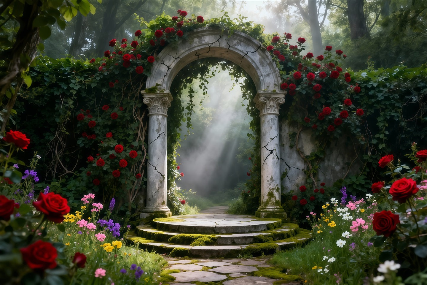 Enchanted Garden Backdrop Rose Garden Stone Arch Light Spring Backdrops UK LXX61-155