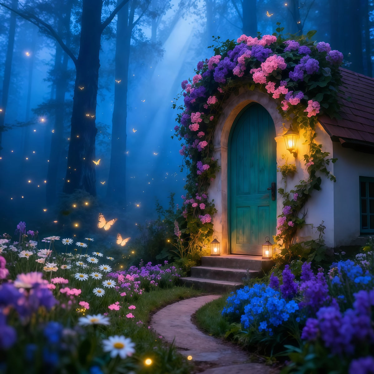 Butterfly Backdrop For Photoshoot Enchanted Cottage Lantern Glow Spring Photography Backdrops UK LXX61-159