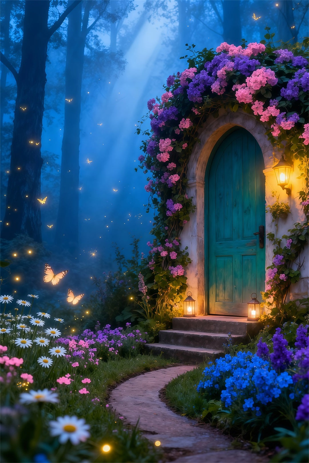 Butterfly Backdrop For Photoshoot Enchanted Cottage Lantern Glow Spring Photography Backdrops UK LXX61-159