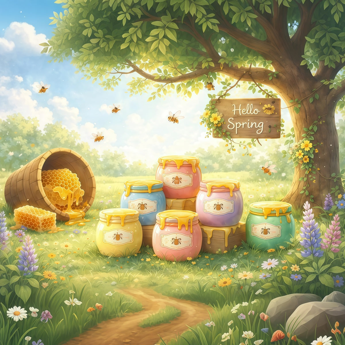 Bee Backdrop Honey Jar Garden Illustration Backdrop Spring UK LXX61-165