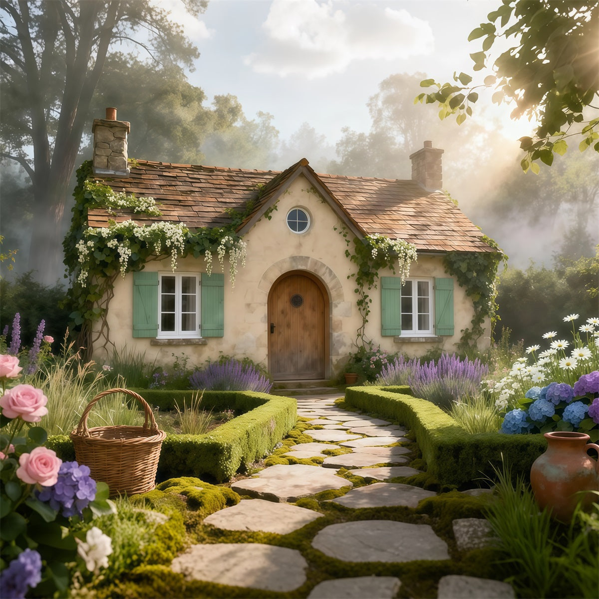 English Garden Backdrop Rustic Cottage Stone Path Spring Photography Backdrop UK LXX61-168