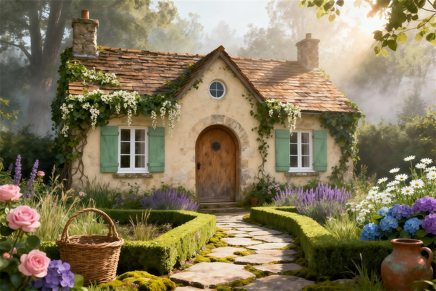 English Garden Backdrop Rustic Cottage Stone Path Spring Photography Backdrop UK LXX61-168
