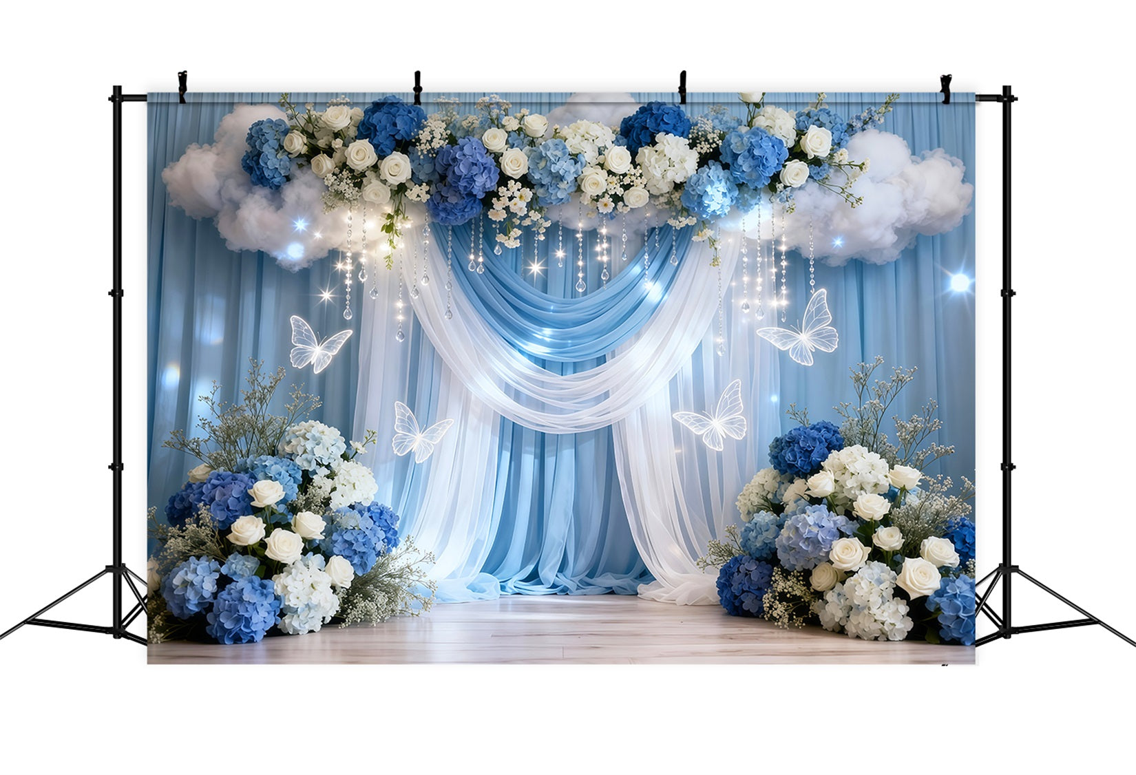 Butterflies Backdrop Blue White Drape Cloud Flower Springtime Backdrop UK LXX61-169