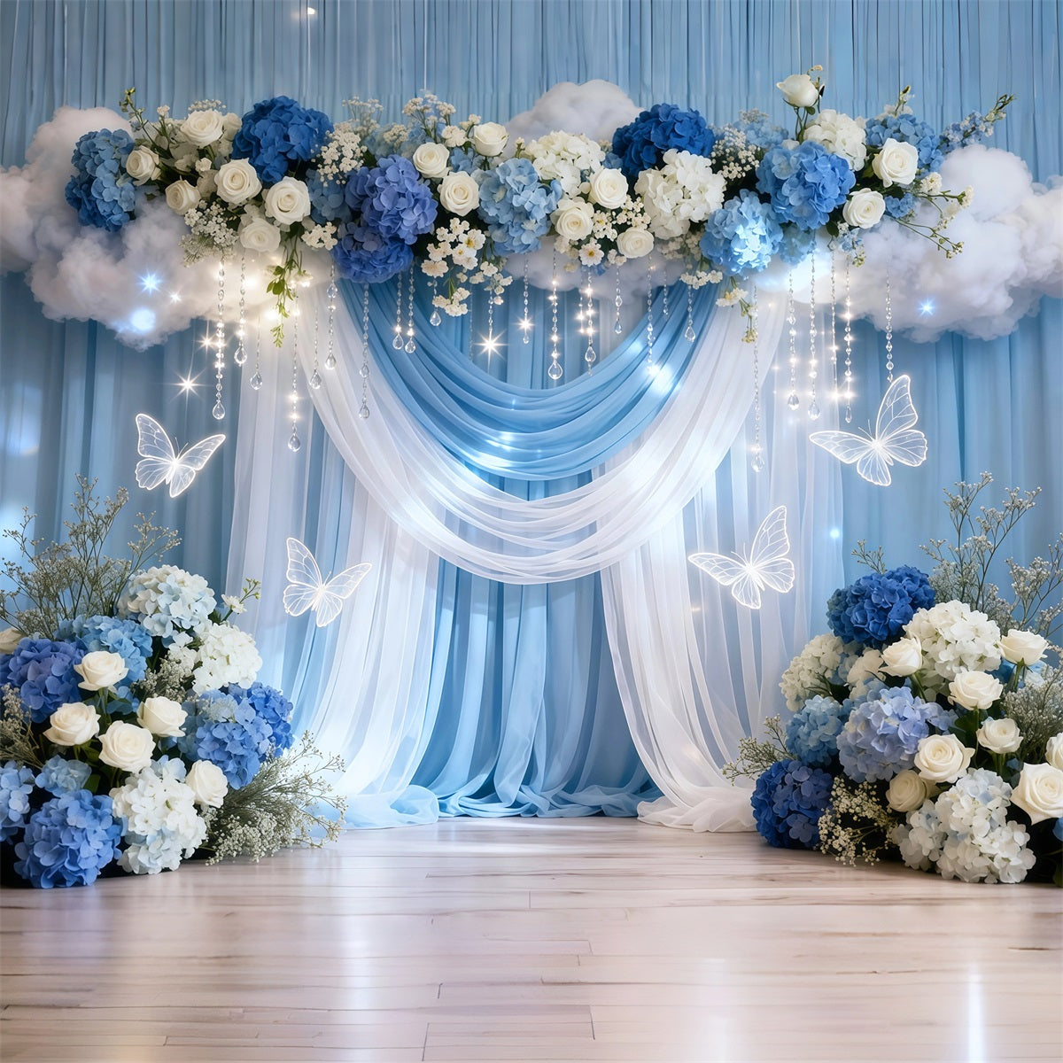 Butterflies Backdrop Blue White Drape Cloud Flower Springtime Backdrop UK LXX61-169