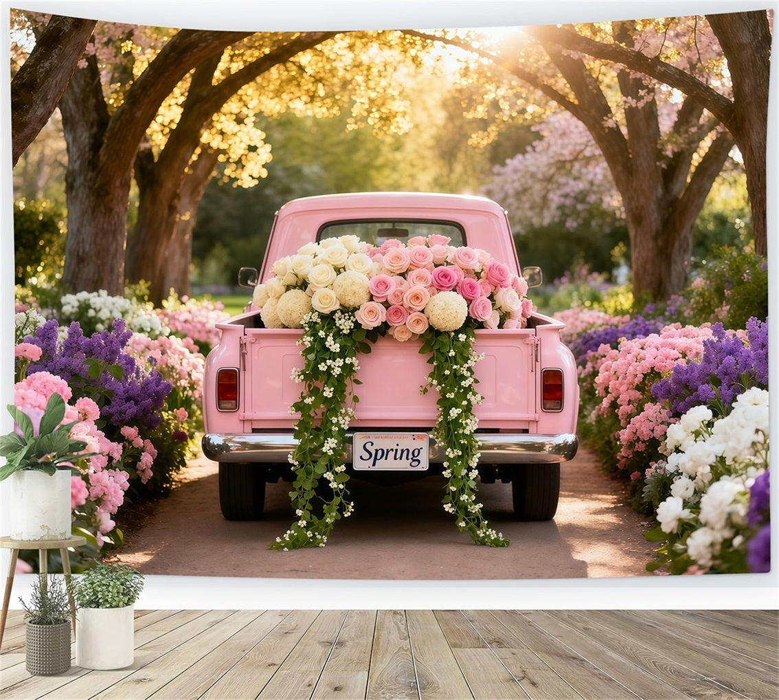 Garden Backdrop Ideas Blossom Tunnel Pink Vintage Truck Photo Backdrop Spring UK LXX61-170