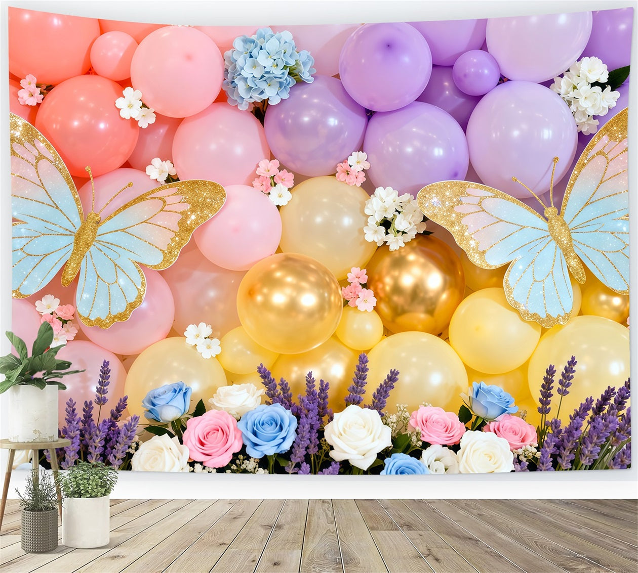 Butterfly Wing Backdrop Macaron Balloon Wall Floral Spring Theme Backdrop UK LXX61-172