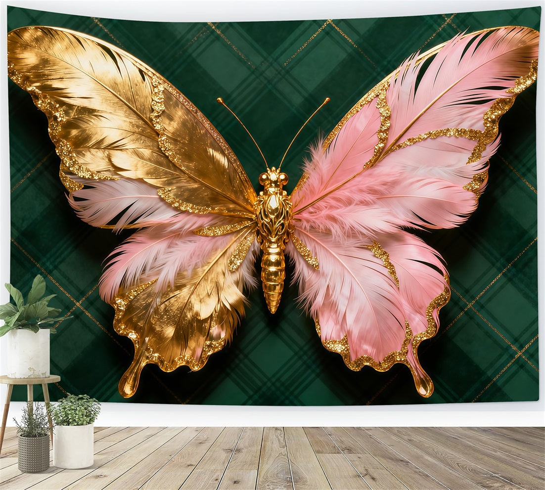 Butterfly Wings Backdrop Golden Pink Feather Emblem Spring Picture Backdrop UK LXX61-174