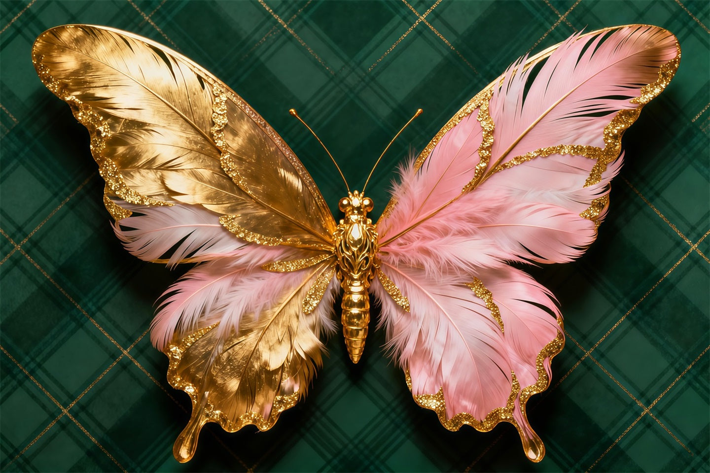 Butterfly Wings Backdrop Golden Pink Feather Emblem Spring Picture Backdrop UK LXX61-174