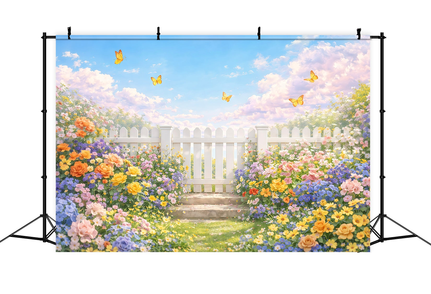 Wildflower Backdrop White Fence Garden Butterfly Floral Photo Backdrop UK LXX61-179
