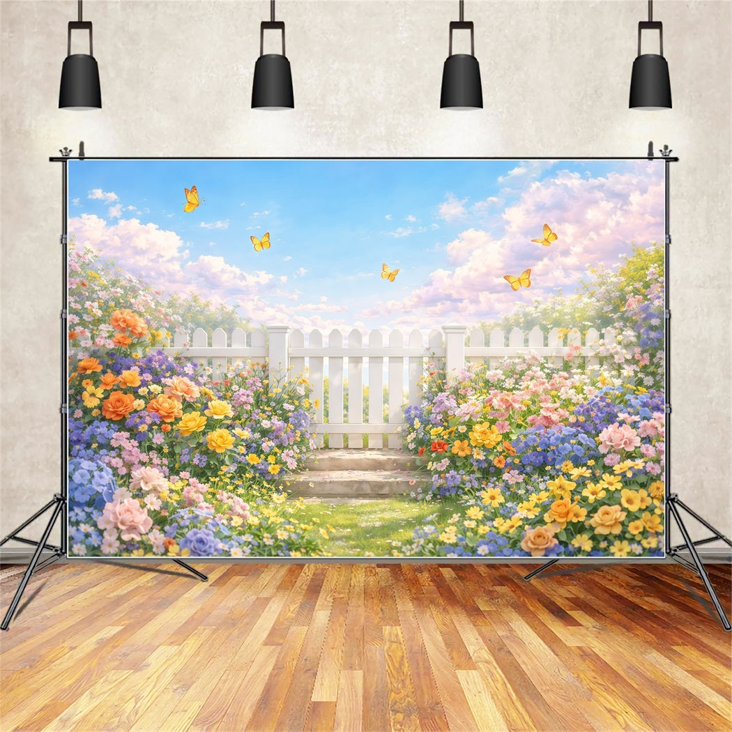 Wildflower Backdrop White Fence Garden Butterfly Floral Photo Backdrop UK LXX61-179