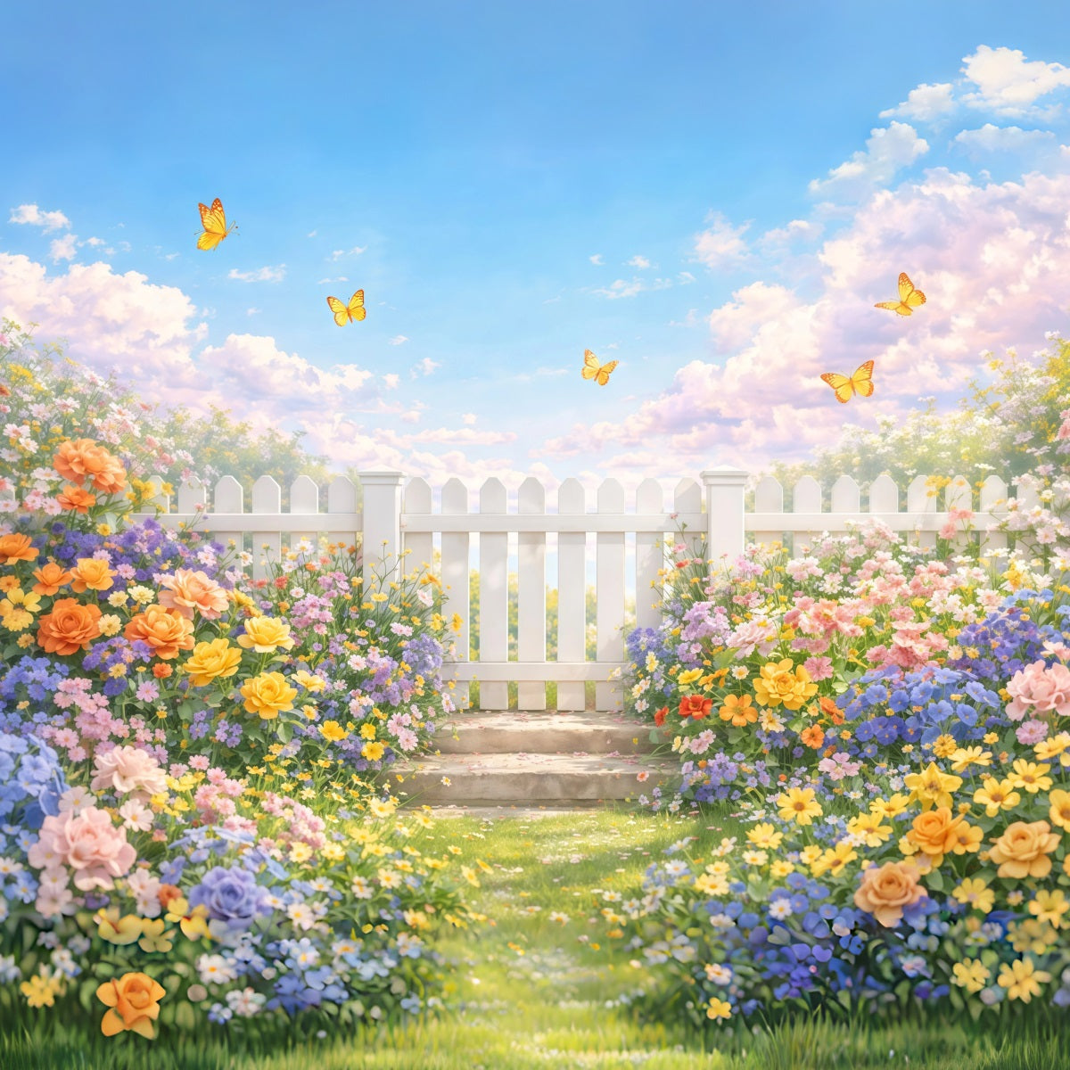 Wildflower Backdrop White Fence Garden Butterfly Floral Photo Backdrop UK LXX61-179