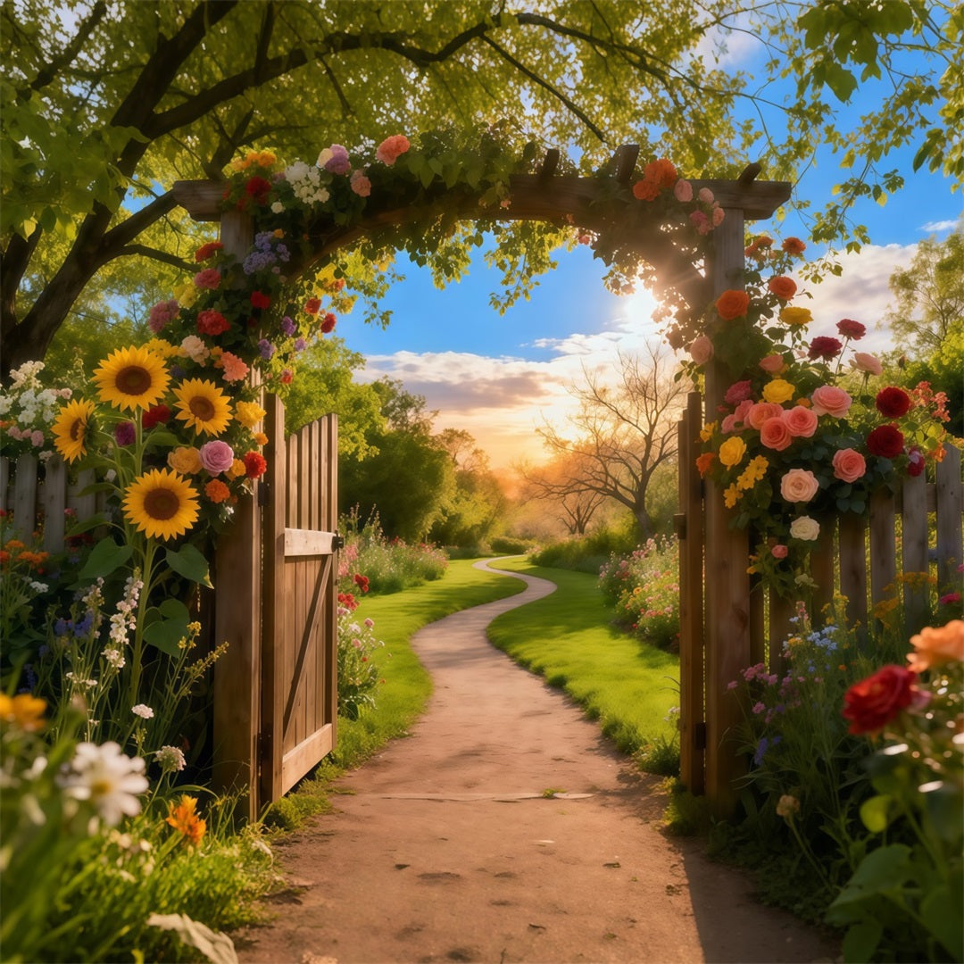 Garden Photo Backdrop Sunset Rustic Arch Door Pathway Floral Backdrops UK LXX61-180