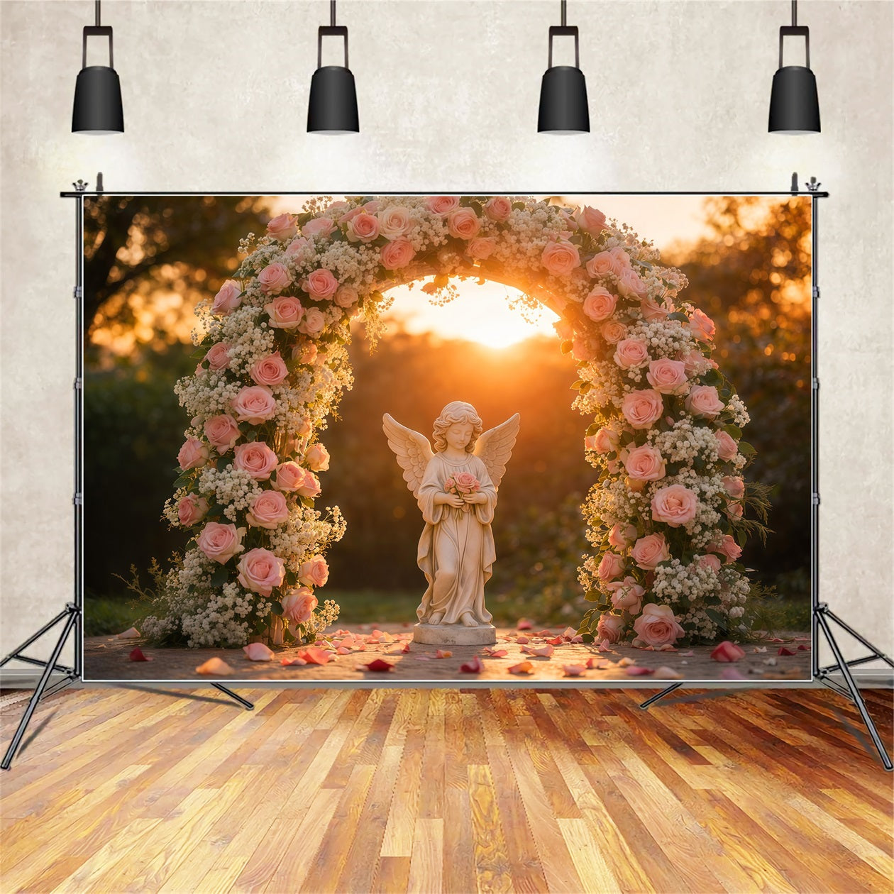 Garden Photo Backdrop Golden Hour Angel Roses Arch Floral Backdrops UK LXX61-182