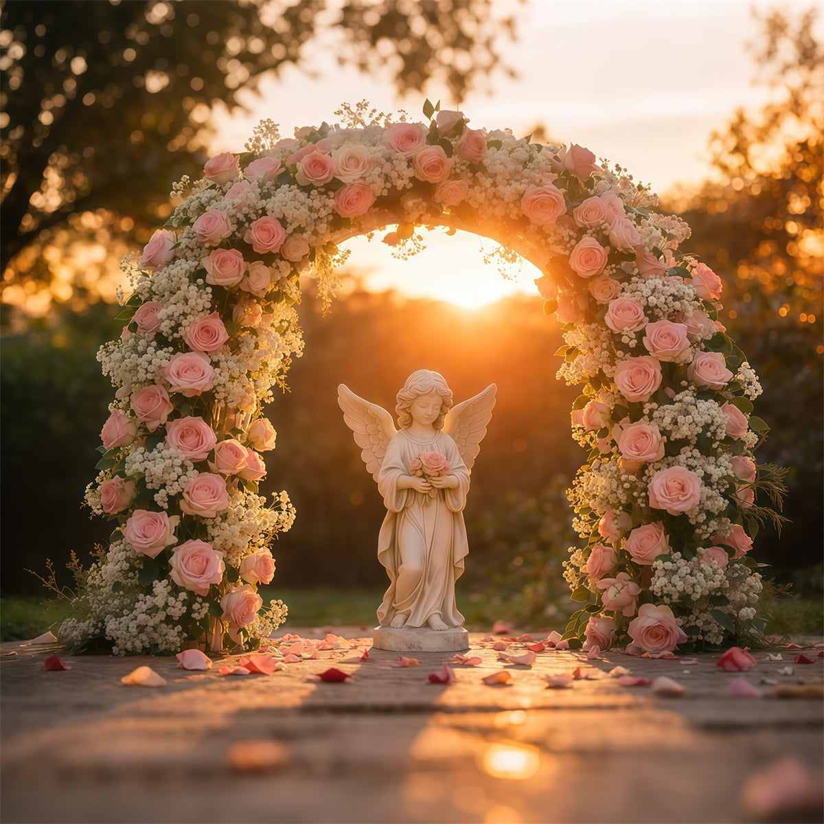 Garden Photo Backdrop Golden Hour Angel Roses Arch Floral Backdrops UK LXX61-182