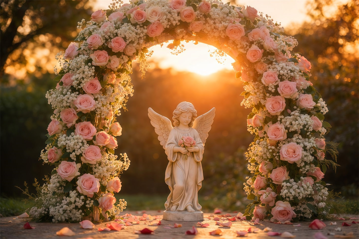 Garden Photo Backdrop Golden Hour Angel Roses Arch Floral Backdrops UK LXX61-182
