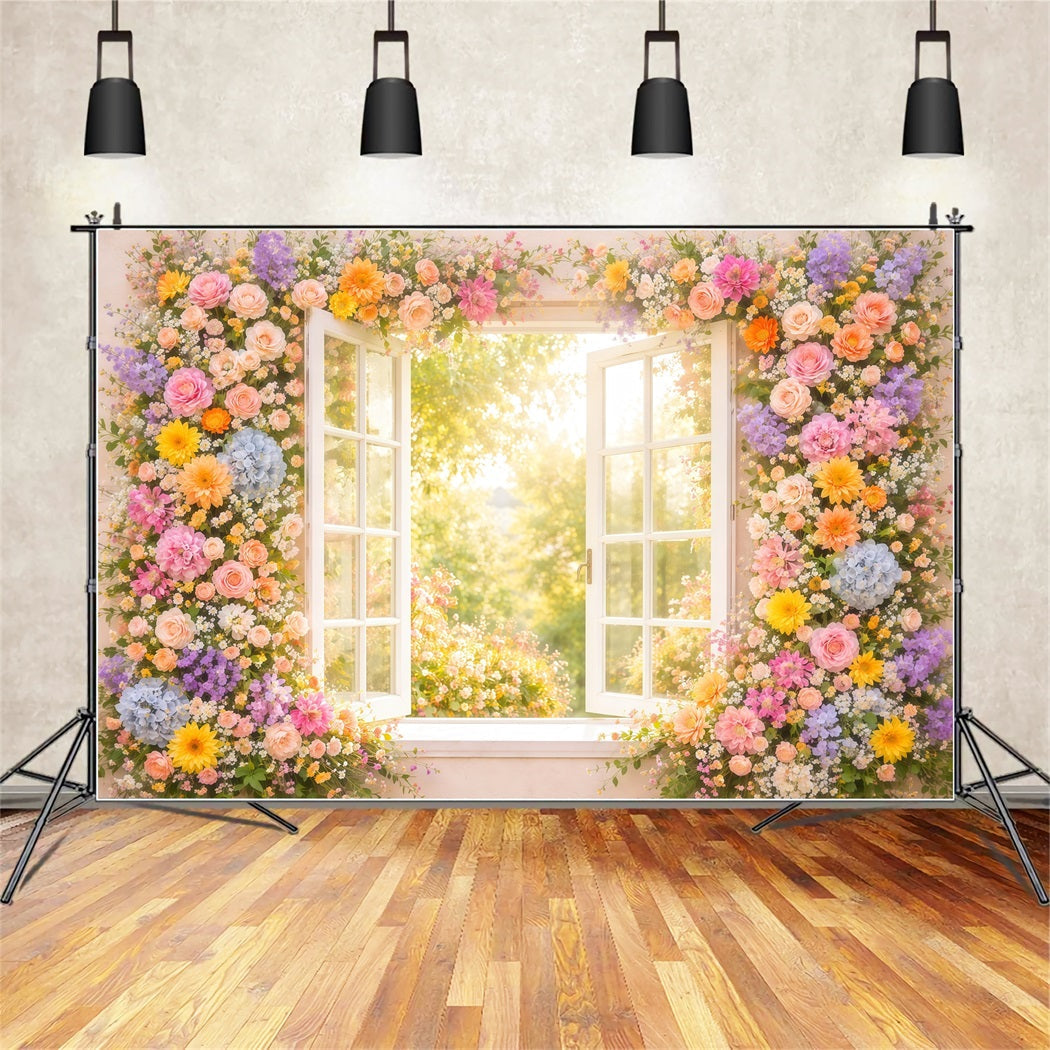 Wildflower Photo Backdrop Window Sunlit Garden Glow Floral Backdrops For Photography UK LXX61-183