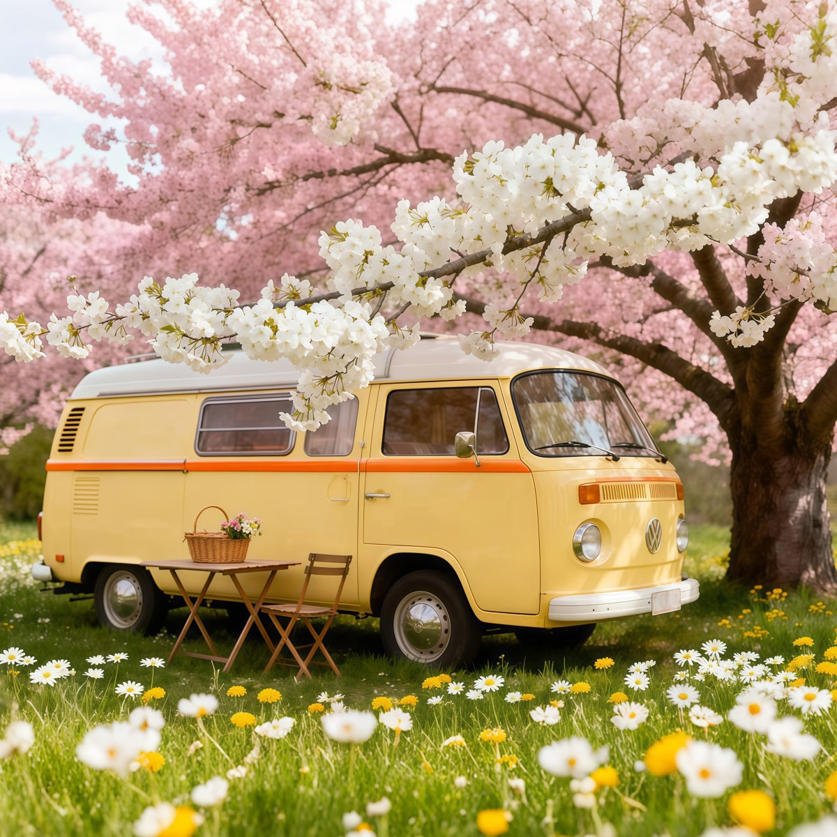 Wildflower Photo Backdrop Cherry Blossom Camper Picnic Floral Backdrops For Photography UK LXX61-184