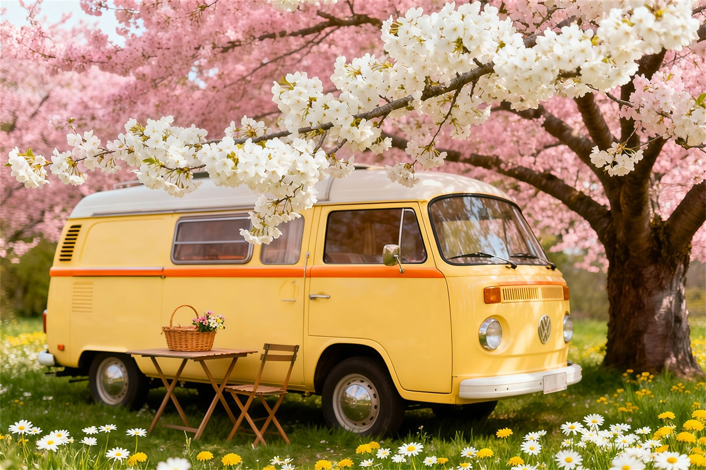 Wildflower Photo Backdrop Cherry Blossom Camper Picnic Floral Backdrops For Photography UK LXX61-184