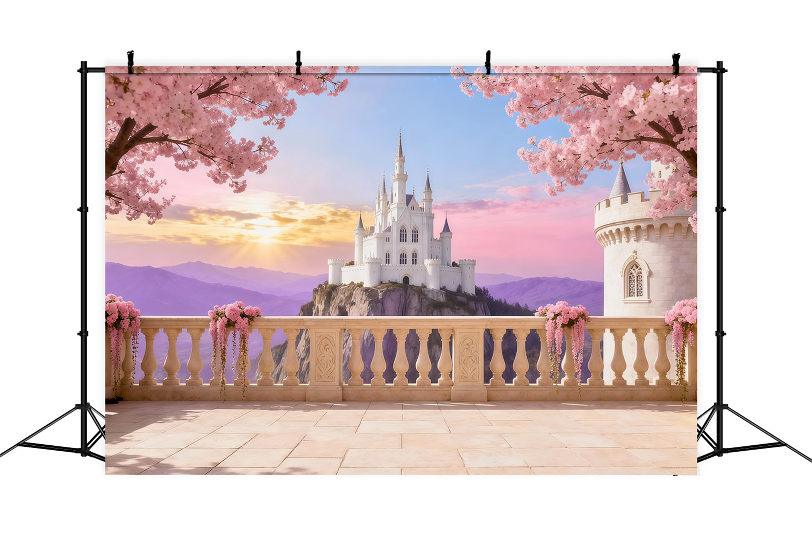 Cherry Blossom Photo Backdrop Castle Sunrise Terrace Floral Backdrop For Photography UK LXX61-191
