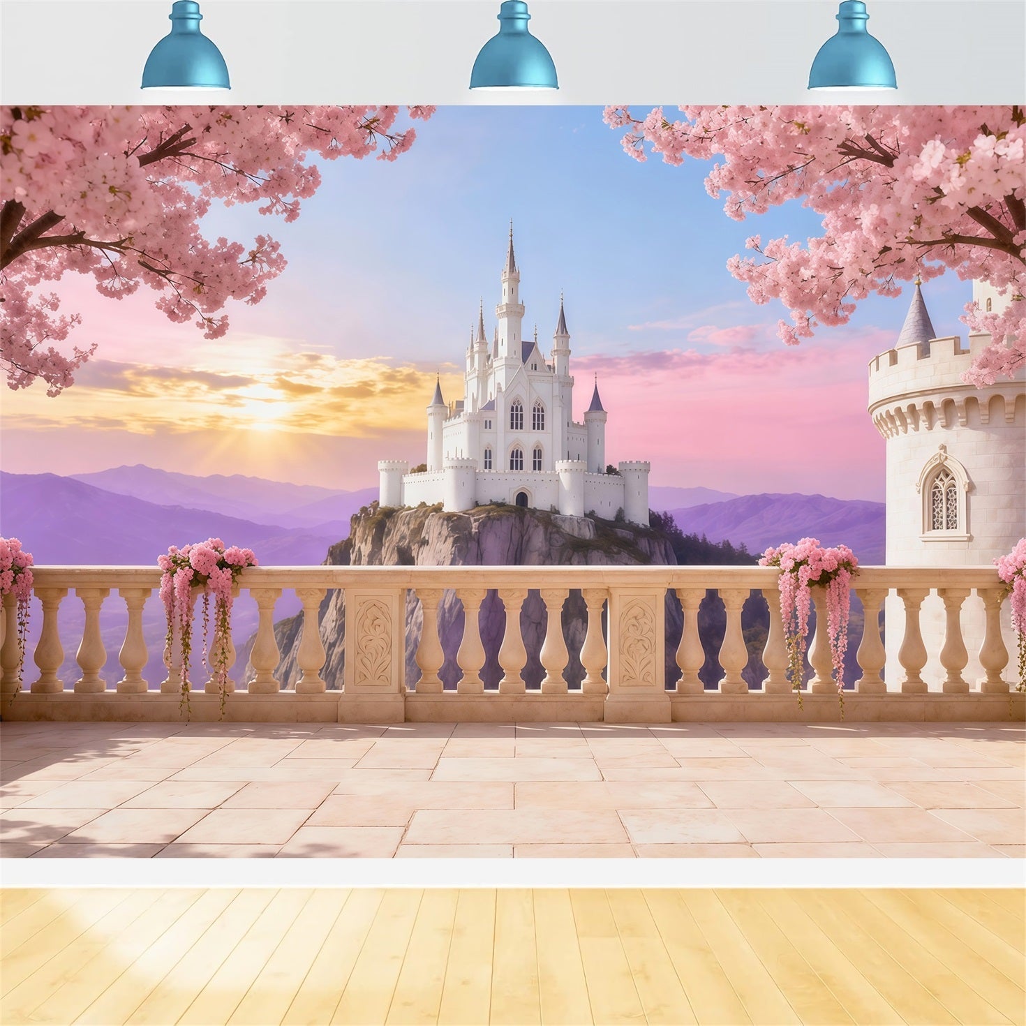 Cherry Blossom Photo Backdrop Castle Sunrise Terrace Floral Backdrop For Photography UK LXX61-191