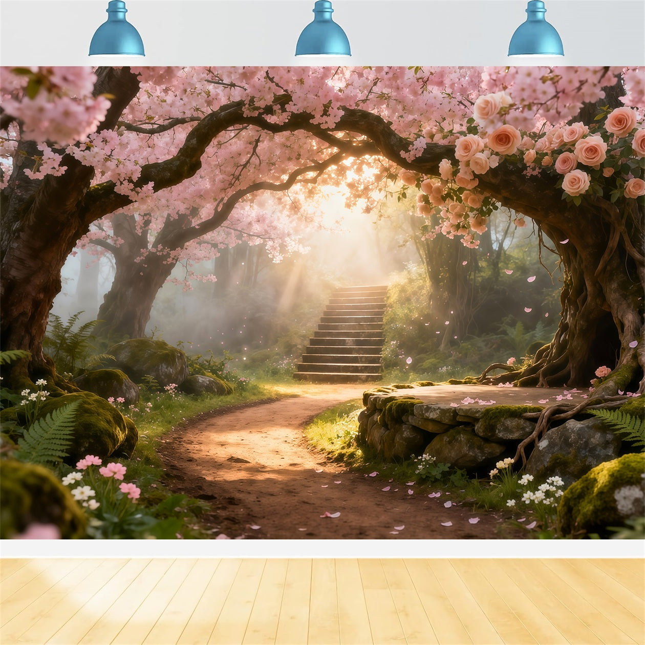 Cherry Blossom Photo Backdrop Flower Archway Sunlit Path Floral Backdrop For Photography UK LXX61-192