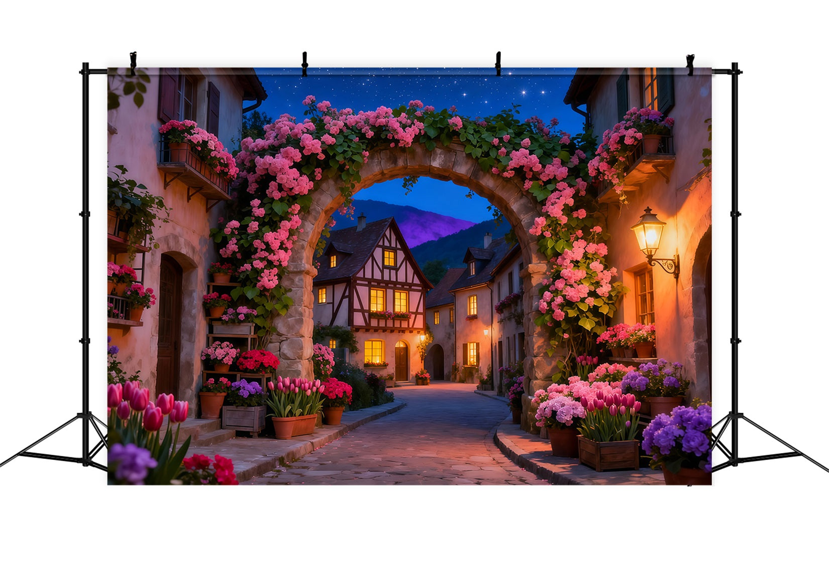 Enchanted Garden Photo Backdrop Twilight Village Flower Arch Floral Fabric Backdrop UK LXX61-210