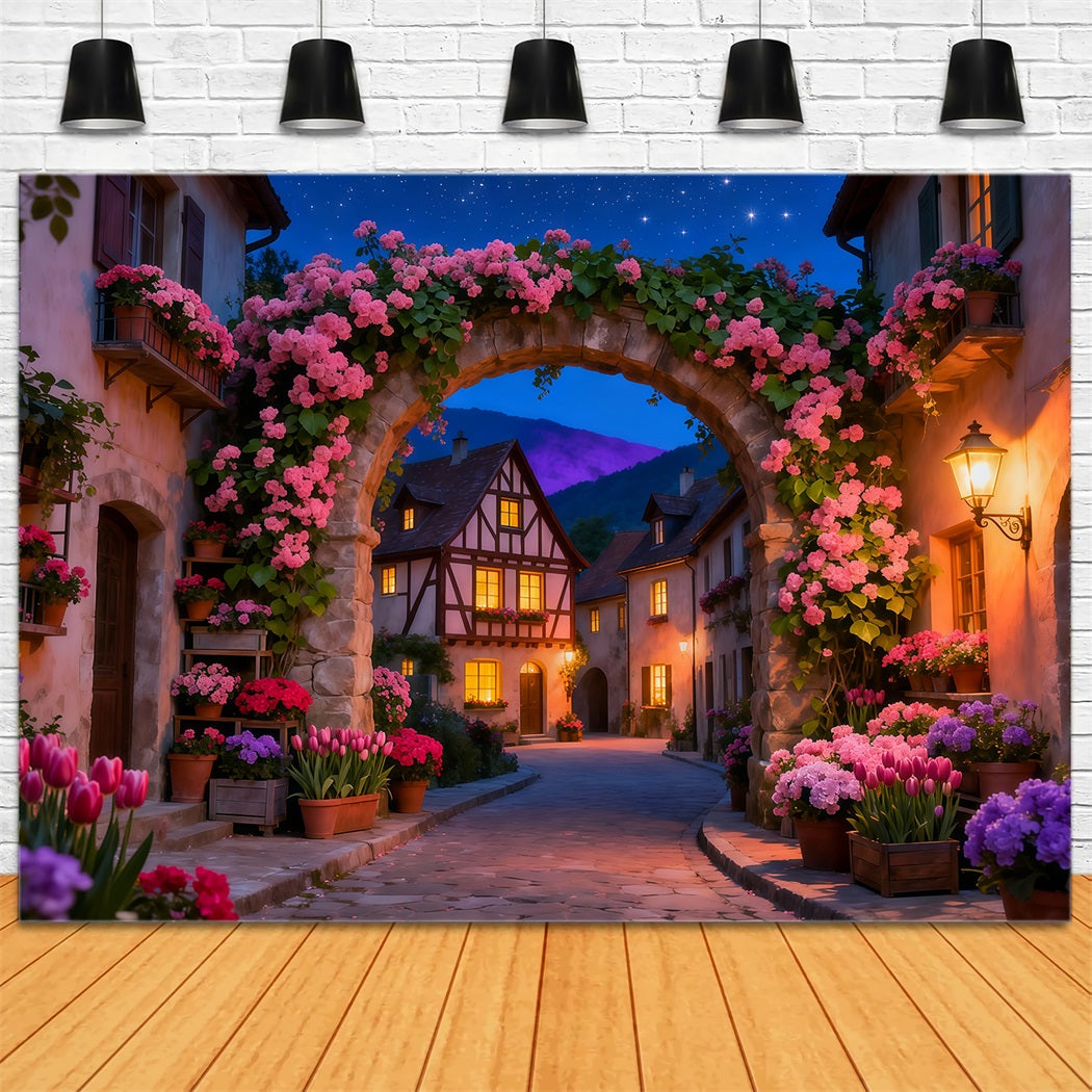 Enchanted Garden Photo Backdrop Twilight Village Flower Arch Floral Fabric Backdrop UK LXX61-210
