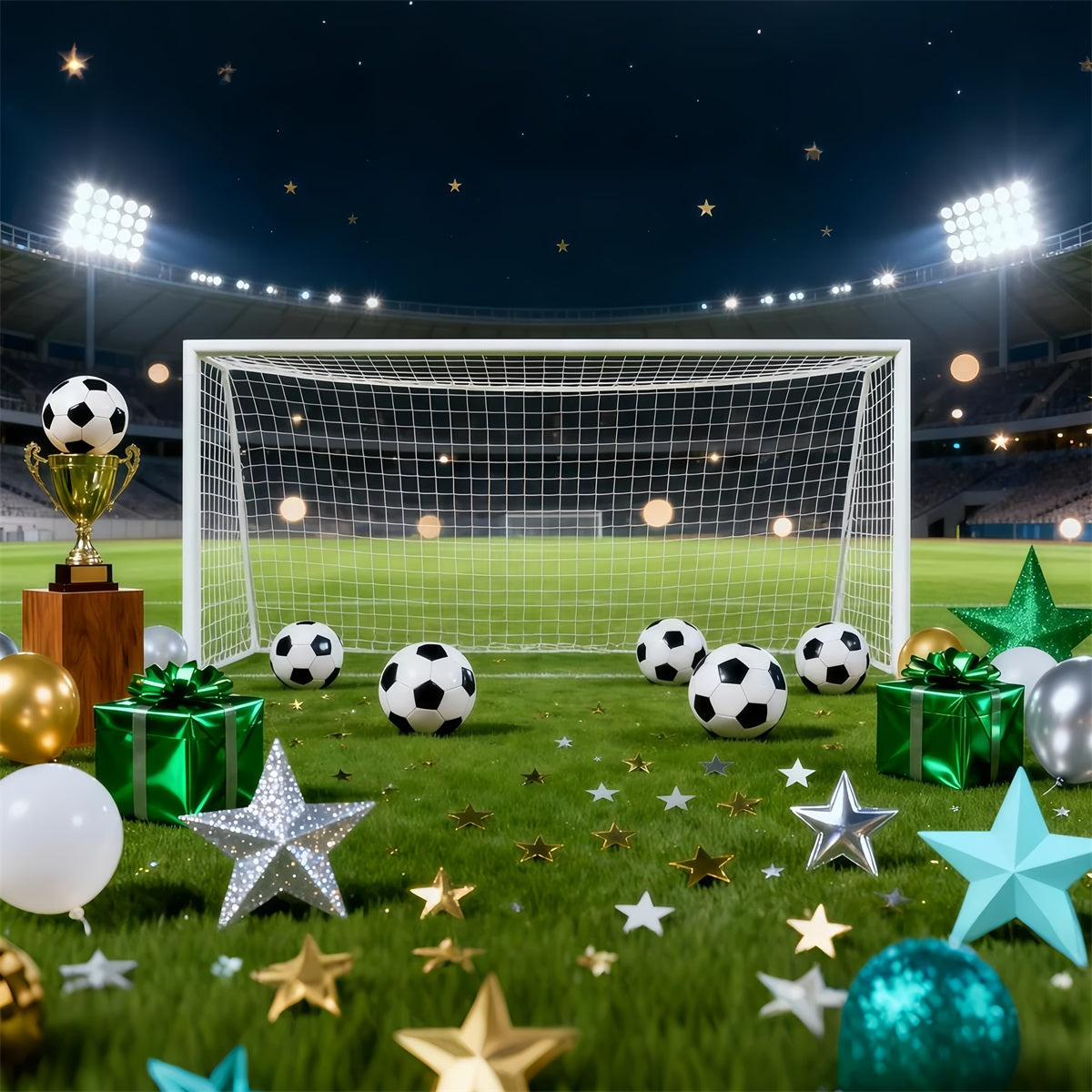 Football Stadium Backdrop Starlit Goal Trophy Celebration Sports Theme Backdrop UK LXX61-228